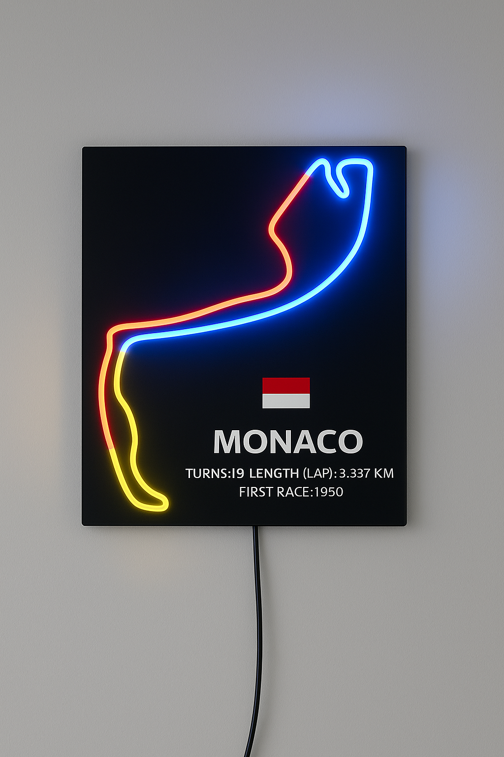 Neon sign of Monaco racetrack layout on a black background