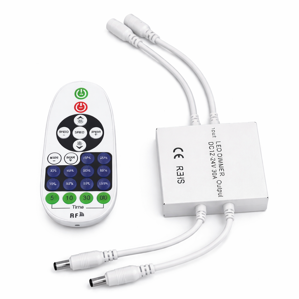 LED dimmer control system with remote and power adapter on a white background