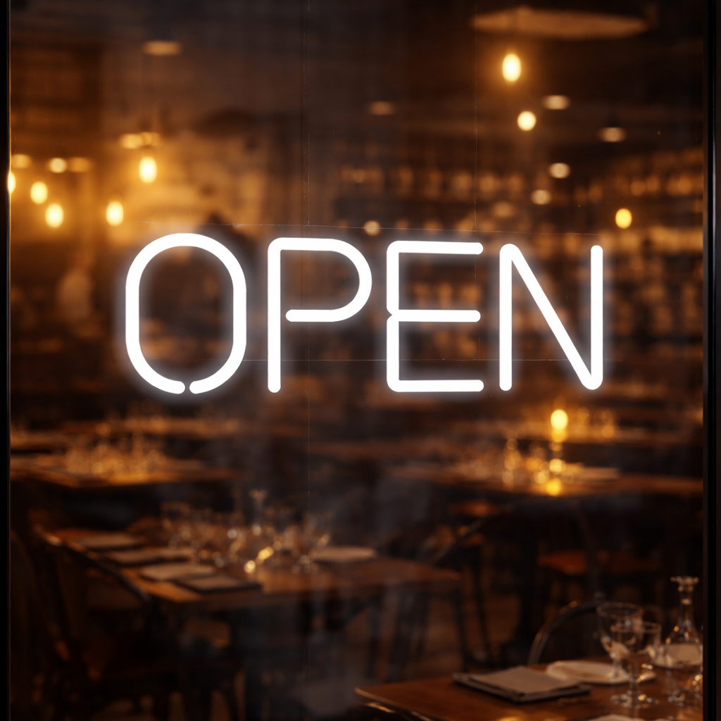 open neon sign cool white color for business storefront