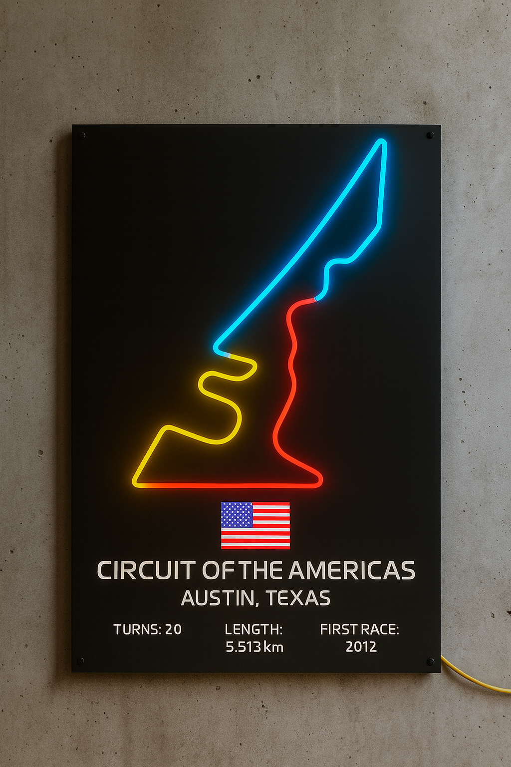 Neon sign of Circuit of the Americas in Austin, Texas on a concrete wall.