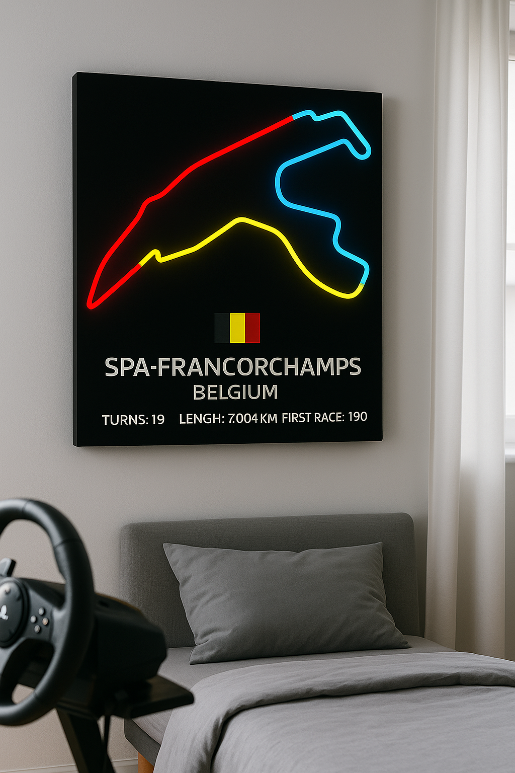 Neon sign map of Spa-Francorchamps race track on a wall above a bed.