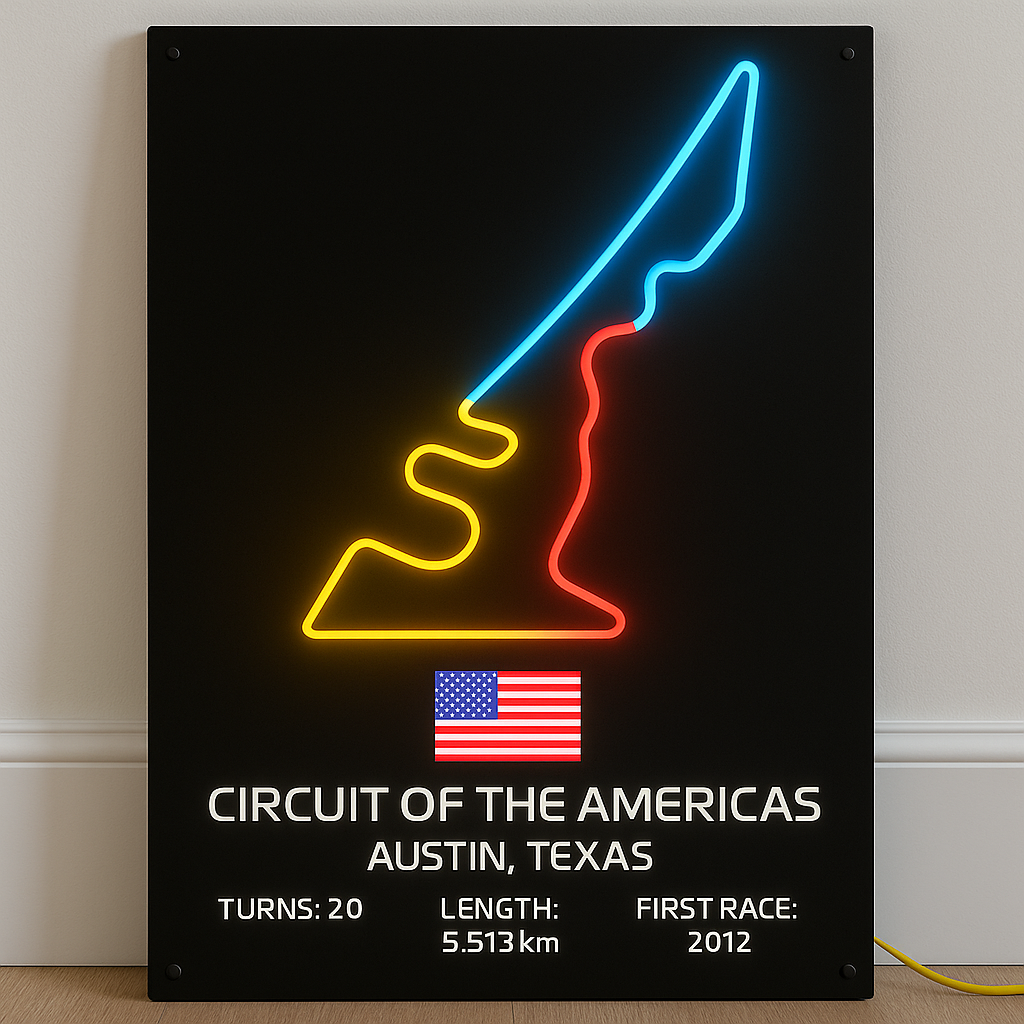 Neon sign of a race track with Circuit of the Americas branding on a black background.
