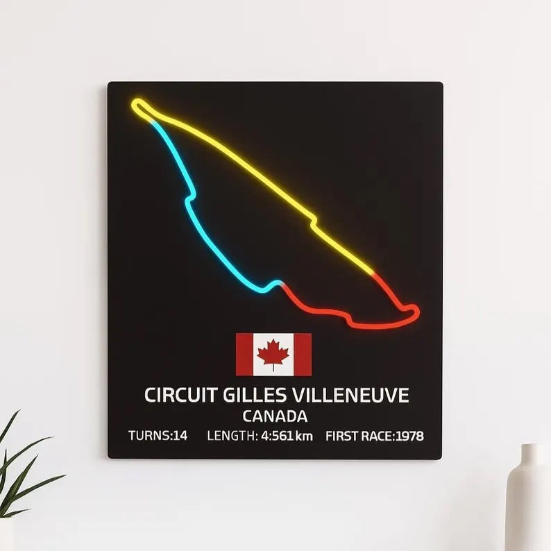 Neon sign of Circuit Gilles Villeneuve f1 track Canadian flag on a white wall.