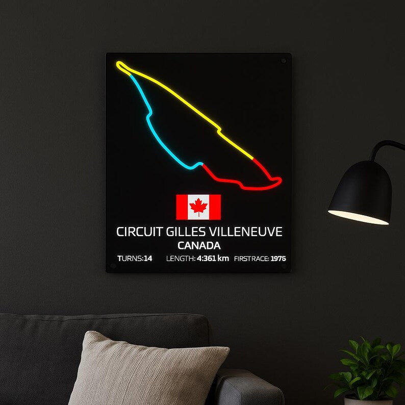 Neon sign of a race track layout with Circuit Gilles Villeneuve details on a dark wall.