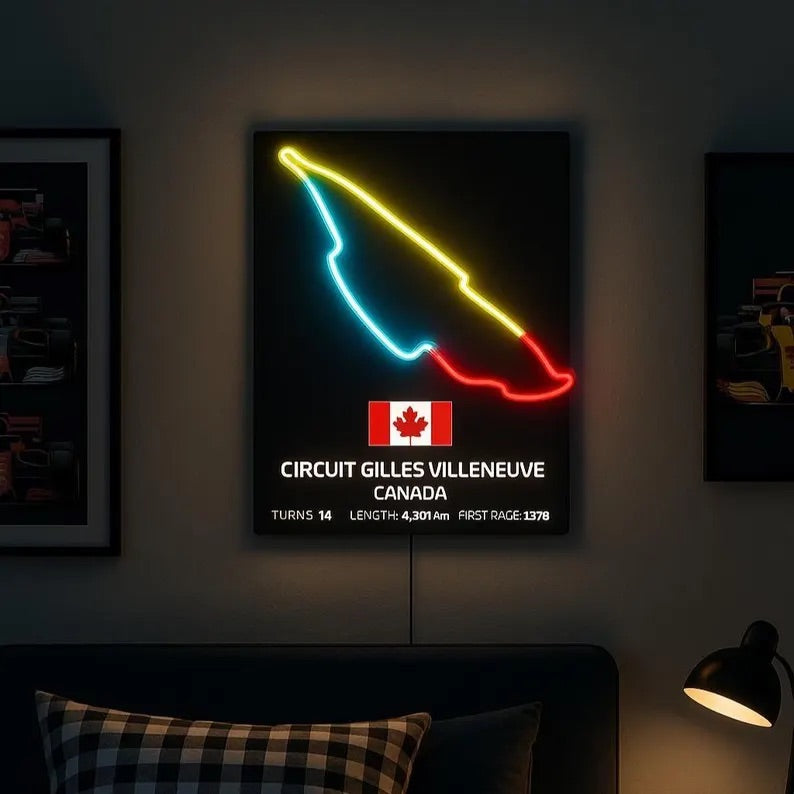 Neon sign of a race track layout with Circuit Gilles Villeneuve details on a dark wall.