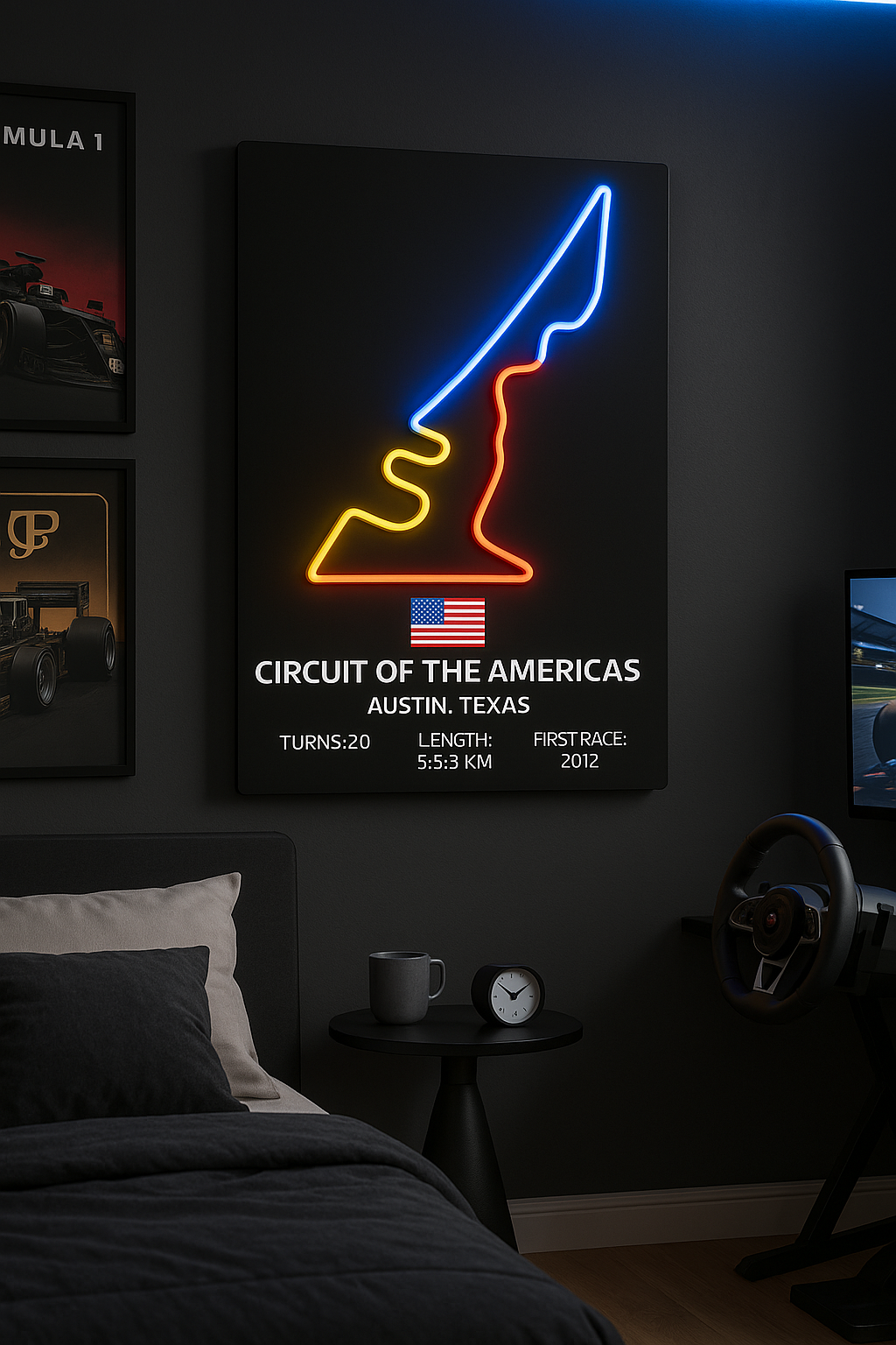Neon sign of Circuit of the Americas in a bedroom setting with gaming equipment.