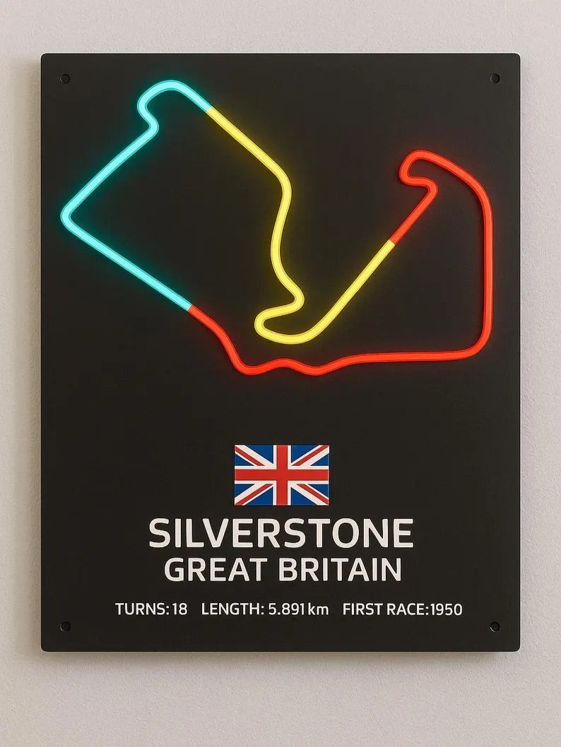 Neon light map of Silverstone Circuit with British flag and race details on a black background