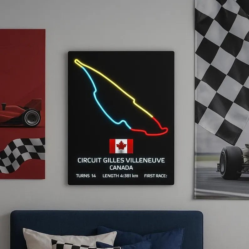 Neon sign wall art of a race track with Circuit Gilles Villeneuve text on a black background, surrounded by racing-themed decor.