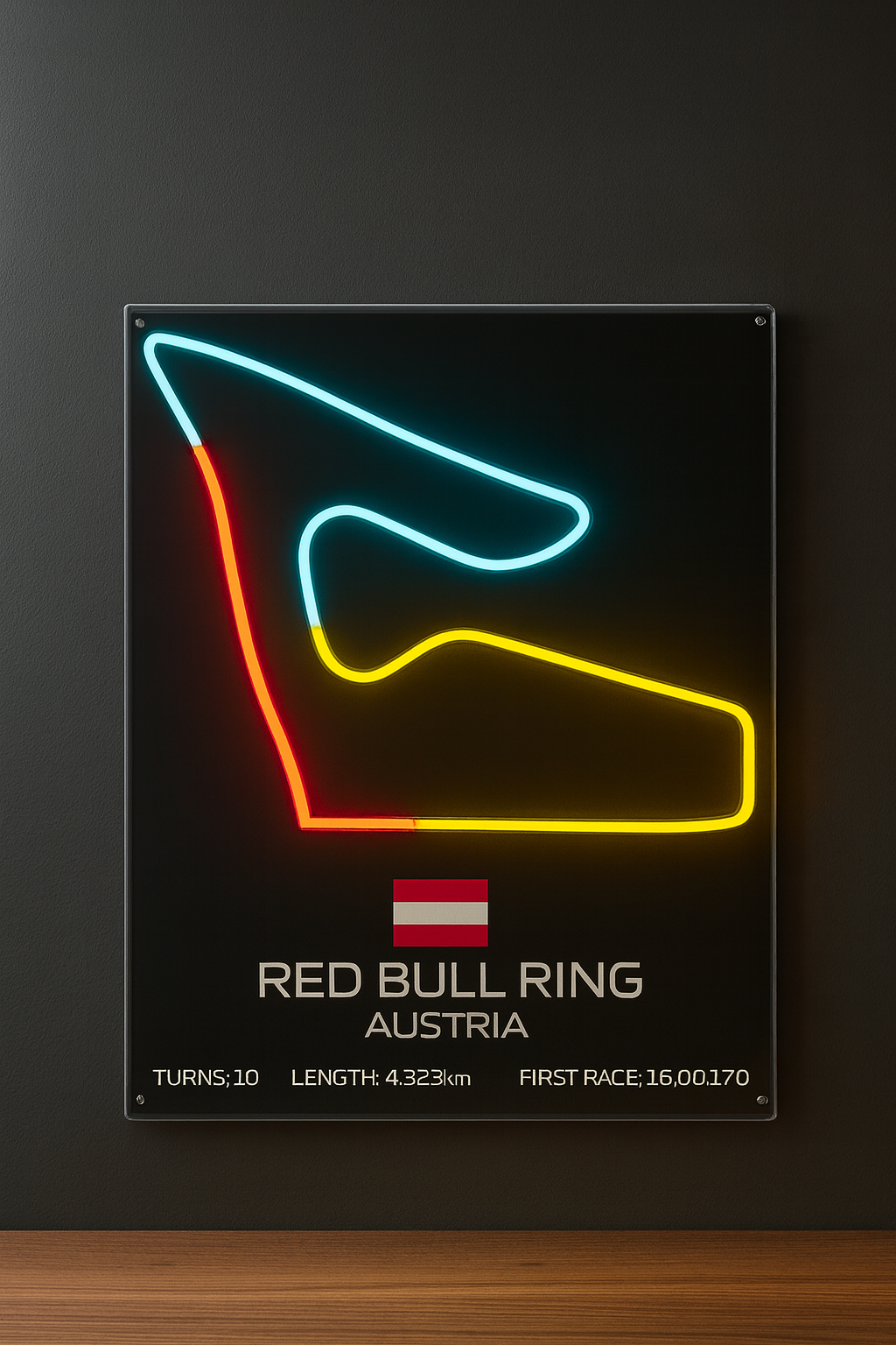 Neon sign of Red Bull Ring Austria on a black background