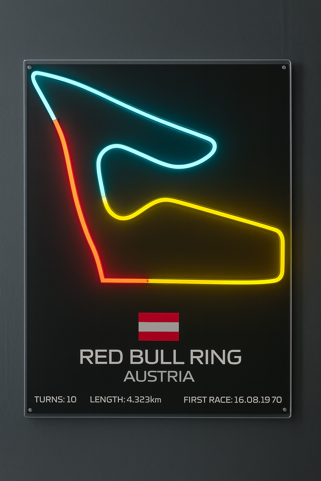 Neon sign of Red Bull Ring Austria on a dark background