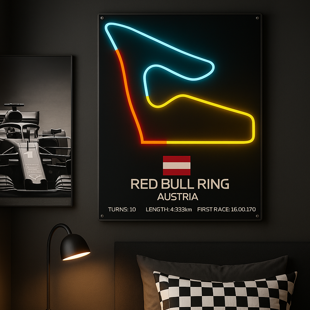 Neon sign of Red Bull Ring Austria in a bedroom setting with a bed and lamp.