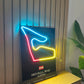 Neon sign shaped like a racing track on a wall with a plant above