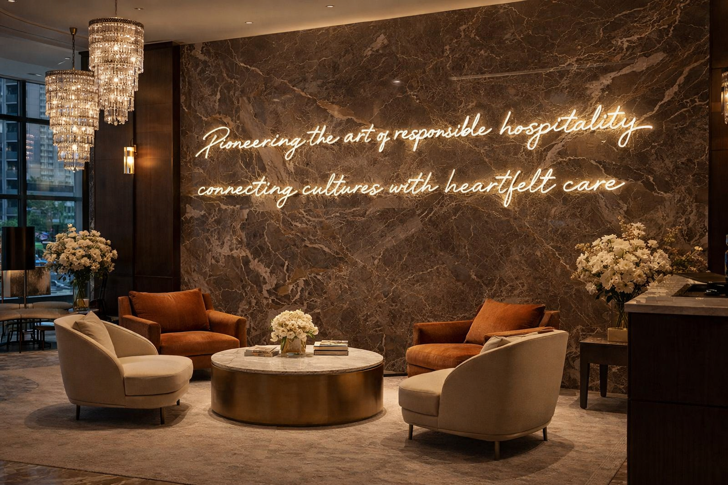 Luxury interior with marble wall, chandeliers, and plush seating area, with warm white neon sign.