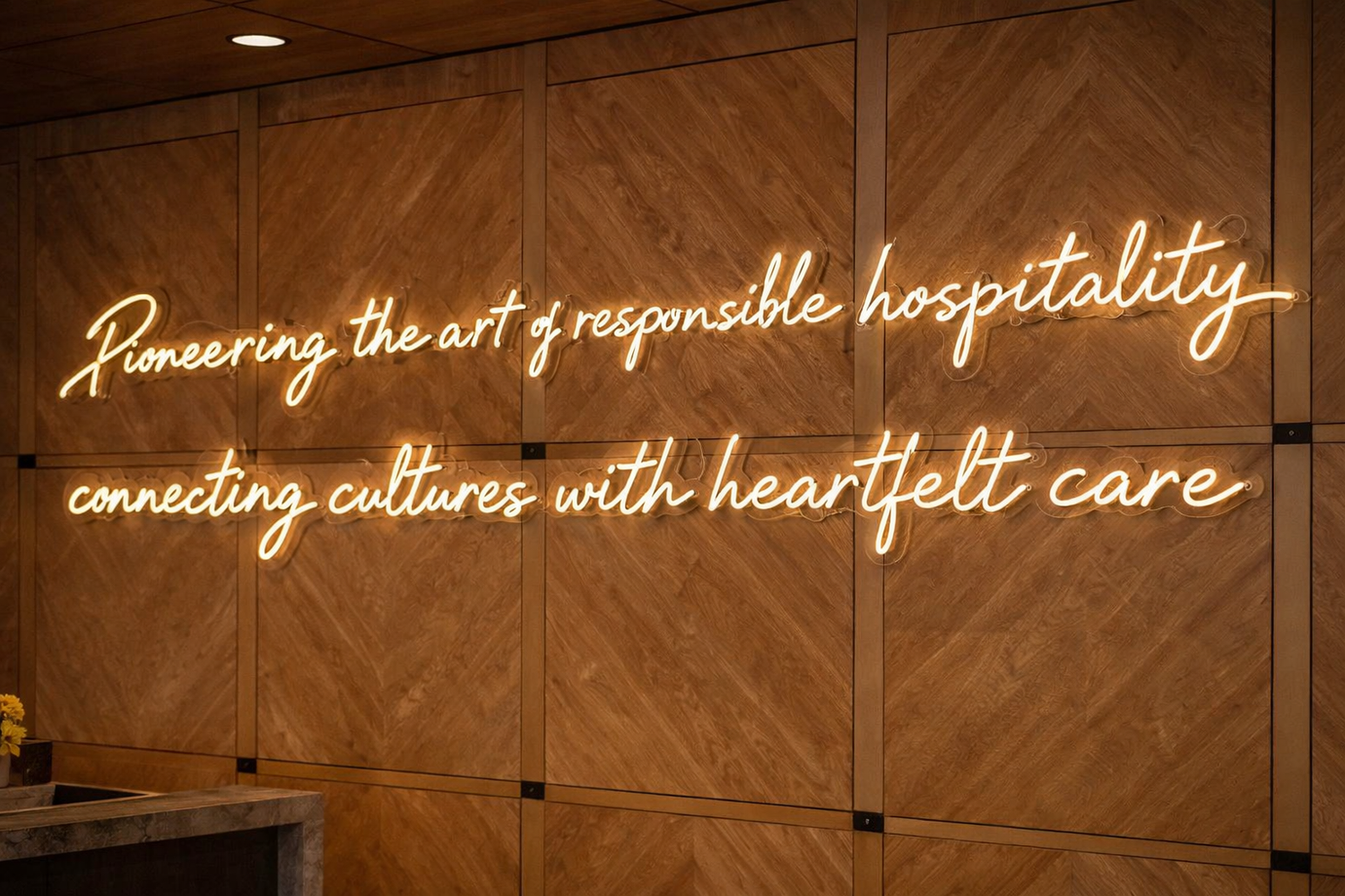 Warm white lighting neon sign on wooden wall with text 'Pioneering the art of responsible hospitality, connecting cultures with heartfelt care'.