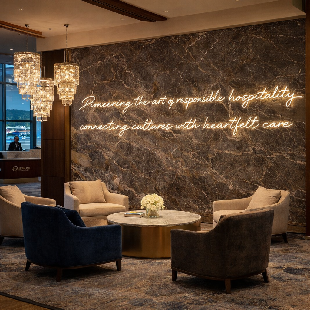 Luxury hotel lobby with marble wall, seating area, and decorative custom neon sign warm lighting.