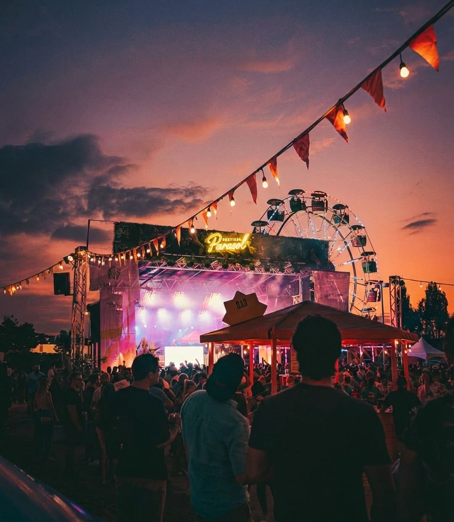 festival stage with light up custom outdoor neon sign on top of the stage for branding