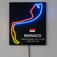 Neon sign of Monaco racetrack layout on a black background