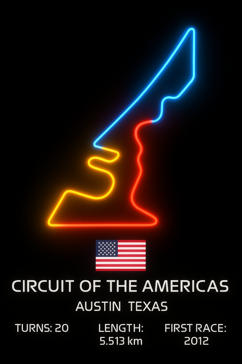 Neon sign of a race track with Circuit of the Americas details on a black background
