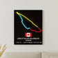 Decorative wall art of Circuit Gilles Villeneuve with a Canadian flag on a black background.