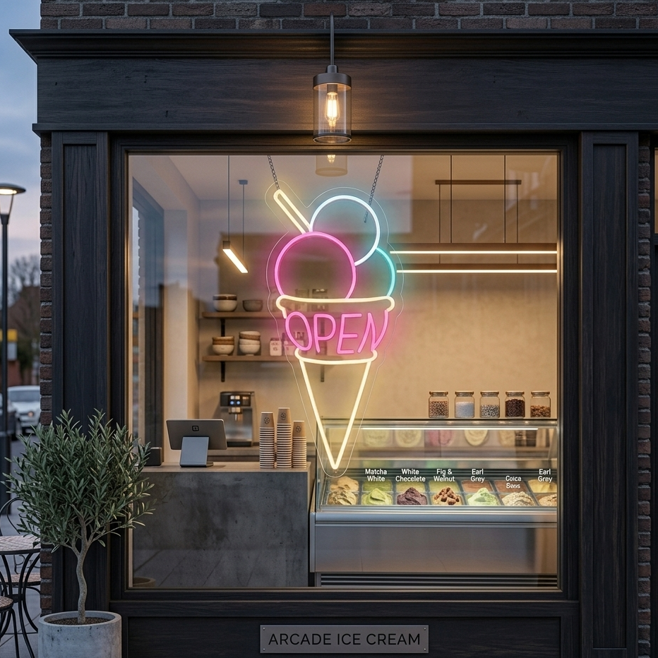 ICE CREAM CONE OPEN SIGN - LED NEON SIGN FOR CAFE AND BUSINESS Nightglow Studio