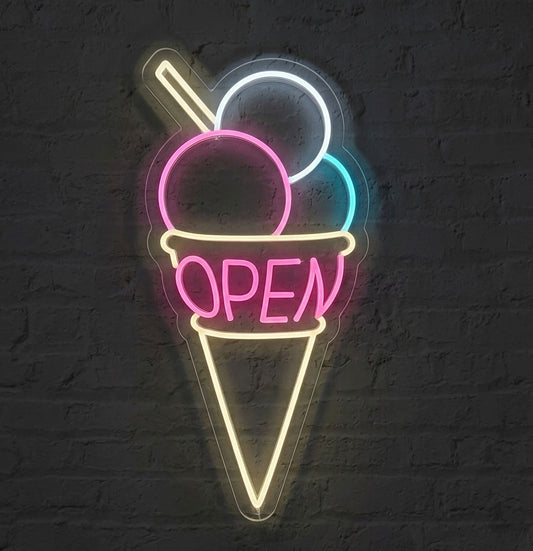 ICE CREAM CONE OPEN SIGN - LED NEON SIGN FOR CAFE AND BUSINESS