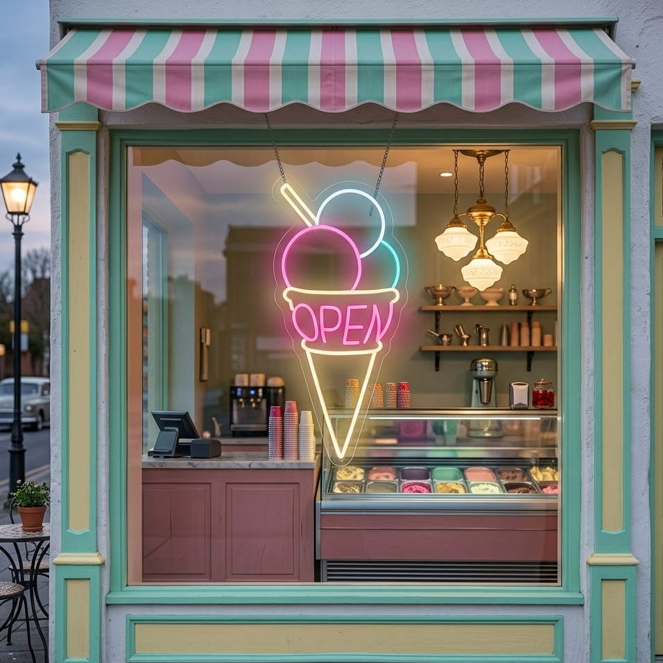 ice cream open sign for business cafe dessert shop restaurant neon sign