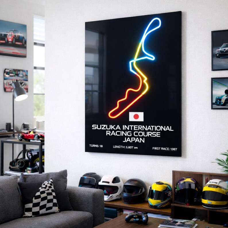 Neon sign of Suzuka International Racing Course in a room with racing memorabilia.