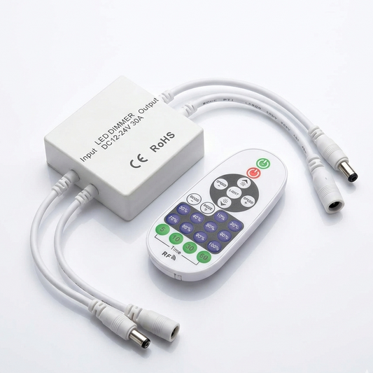 LED dimmer control system with remote on a white background