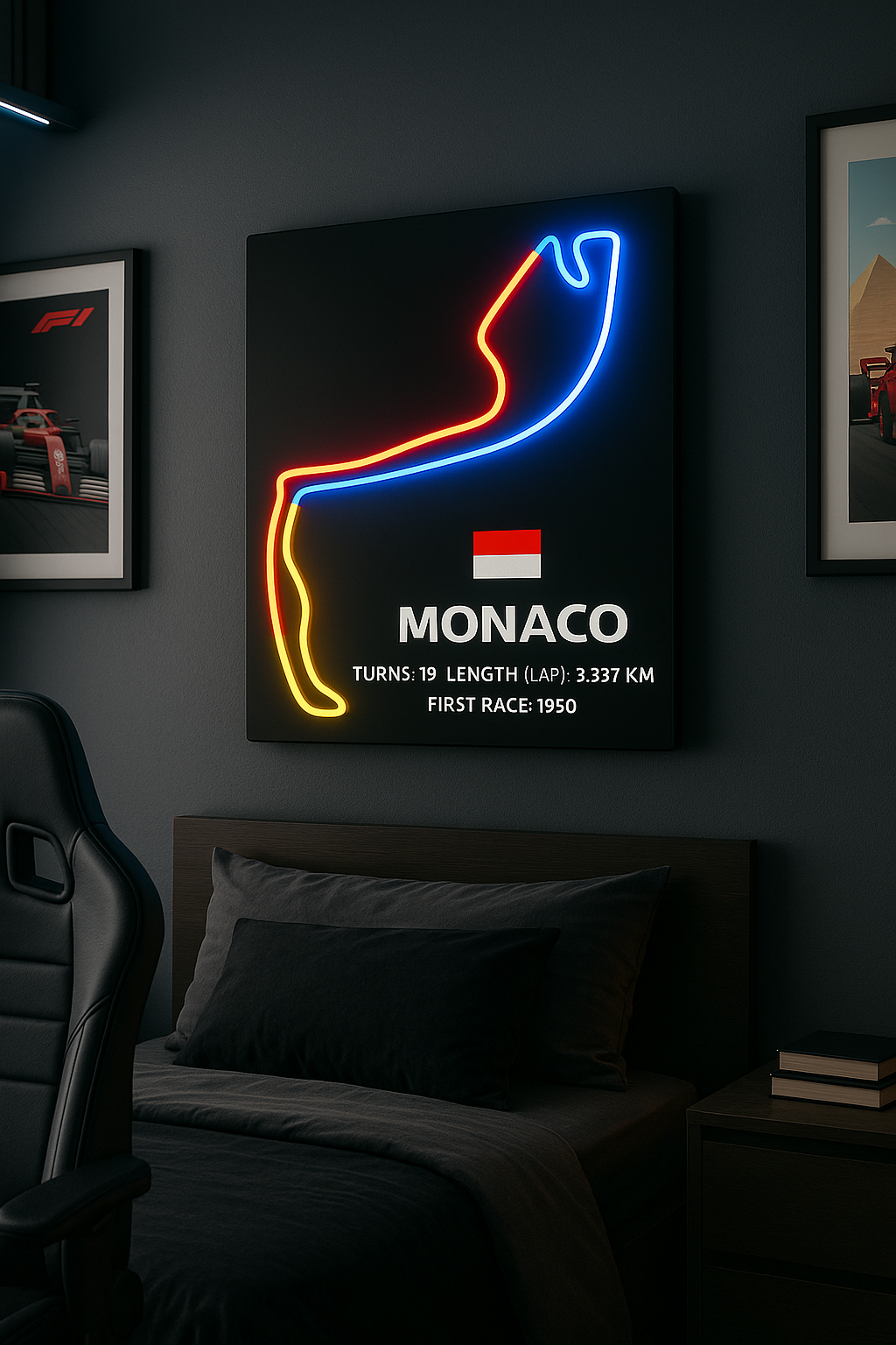 Neon sign of a racing car silhouette with Monaco information on a dark wall.