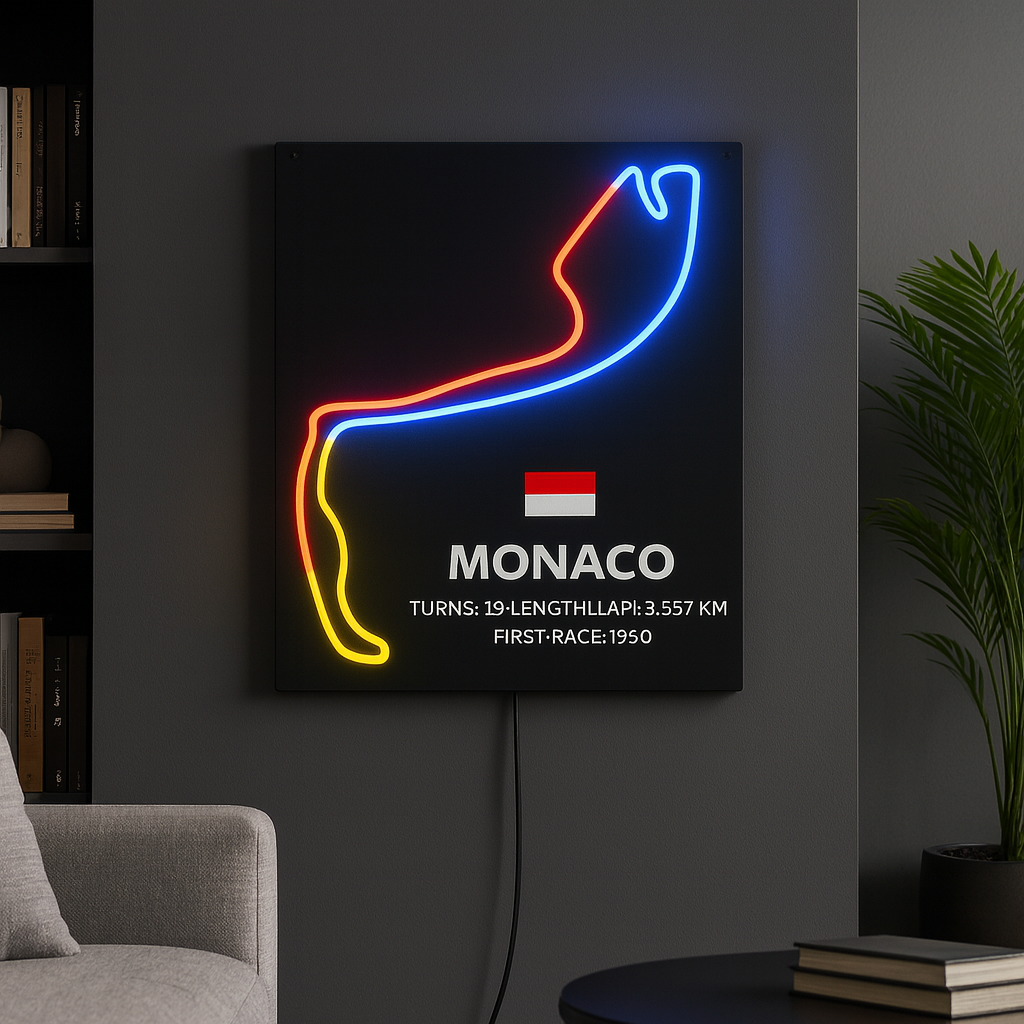 Neon sign of a race track with Monaco details on a dark wall.