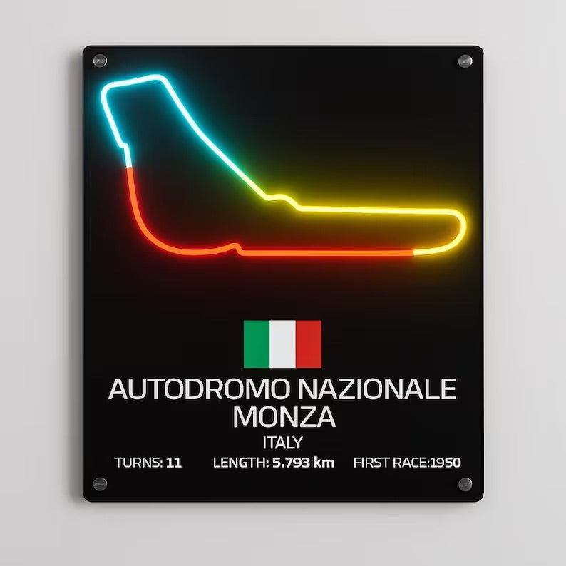 Neon sign of Autodromo Nazionale Monza for f1 track with Italian flag on a black background