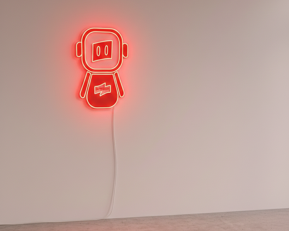 Red Neon sign robot-shaped light on a plain wall for office