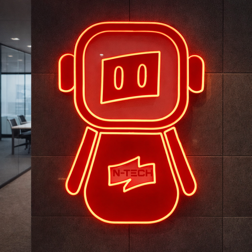Neon sign of a robot icon with 'N-Tech' branding on a dark wall.