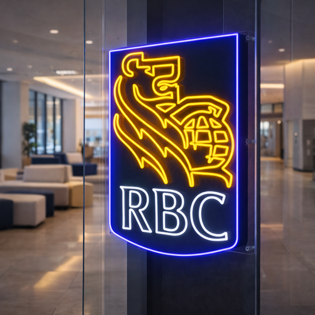 corporate business neon sign with blue and gold lighting
