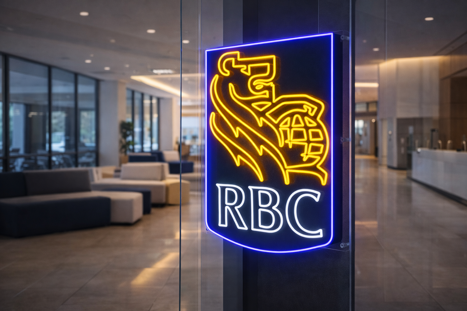 corporate business neon sign with blue and gold lighting