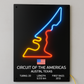 Neon sign of Circuit of the Americas in Austin, Texas with American flag and race details.