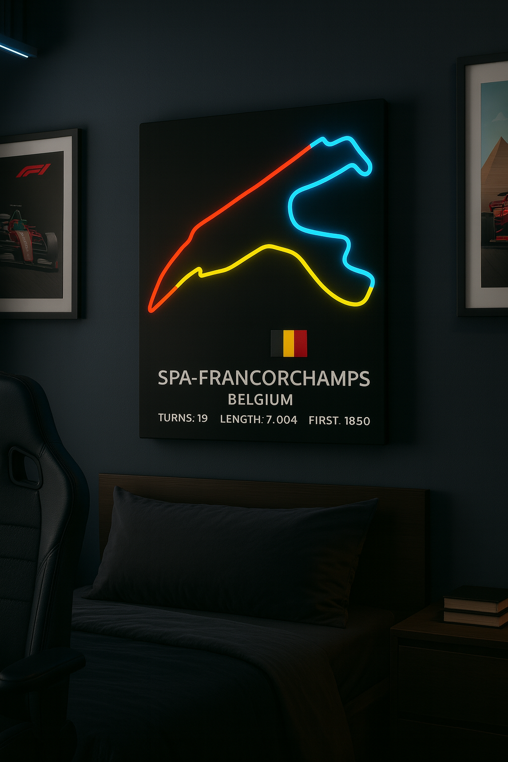 Neon light display of Spa-Francorchamps track layout on a dark wall.