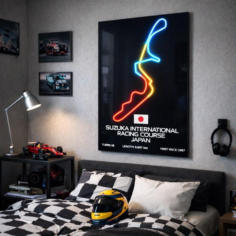 Neon sign of Suzuka F1 Racing Course in a bedroom setting with racing-themed decor.