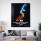 Neon wall art of Suzuka International Racing Course on a white wall above a gray sofa.
