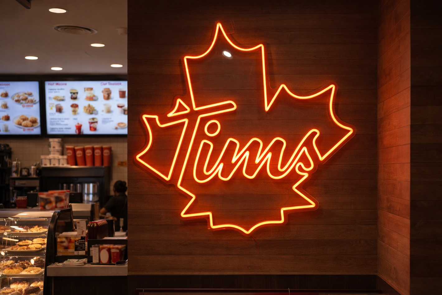 tim hortons logo sign for business and restaurants in a restaurant setting 
