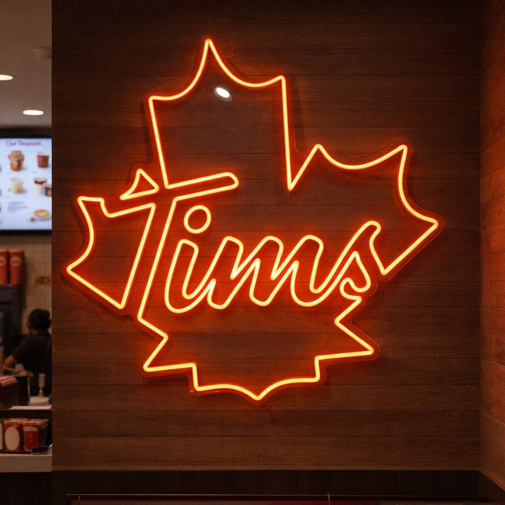 tim hortons logo sign for business and restaurants in a restaurant setting 