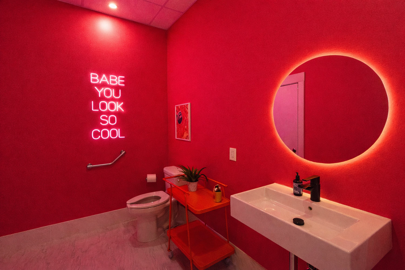 pink neon sign for beauty salon bathroom, all pink and red theme with LED lights