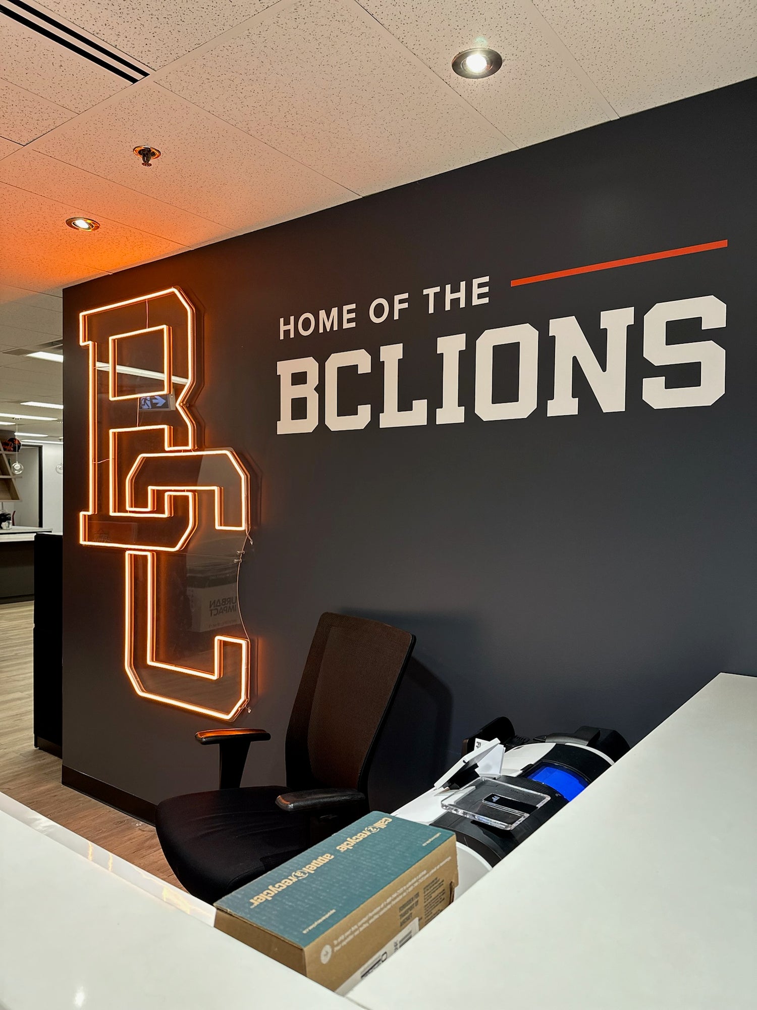 neon sign for corporate office reception desk for branding