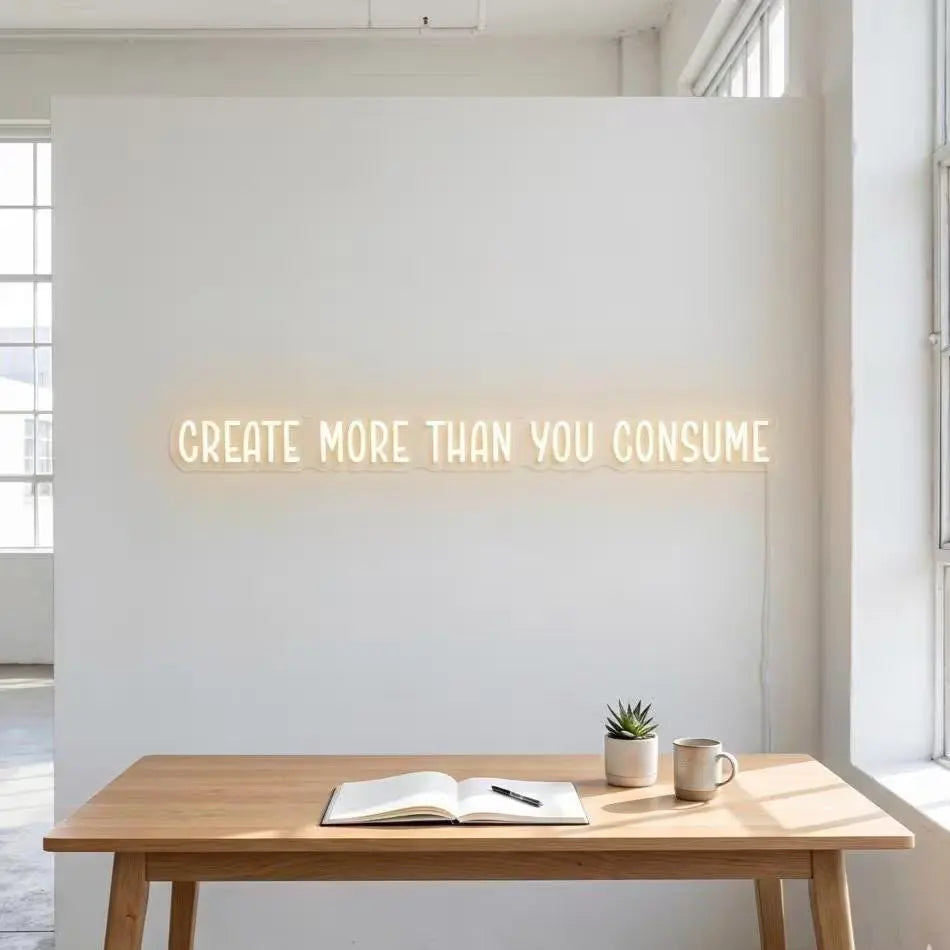 CREATE MORE THAN YOU CONSUME NEON SIGN | MINIMALIST LED QUOTE WALL LIGHT Nightglow Studio