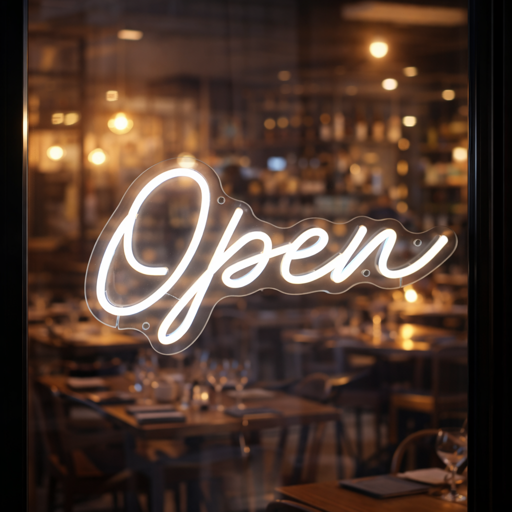 cursive open sign for business storefront