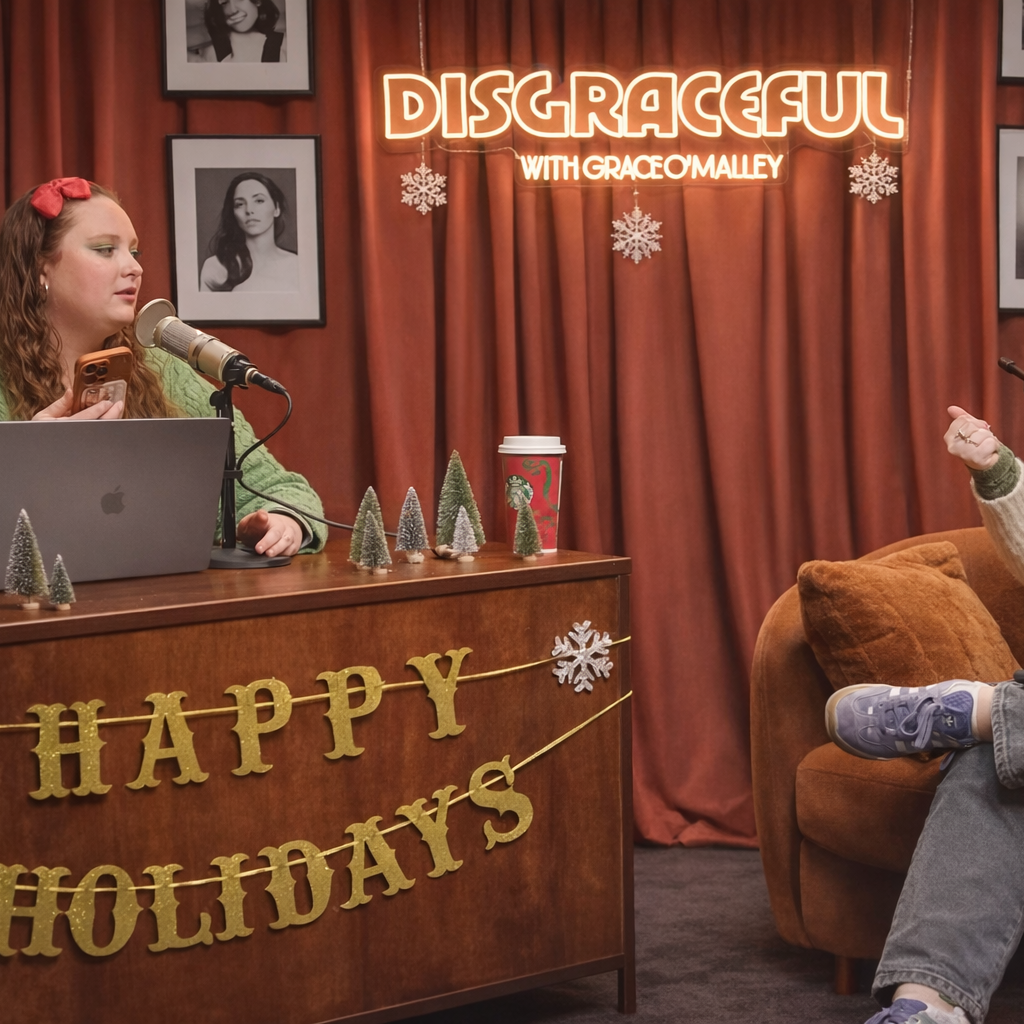 neon sign for podcast backdrop disgraceful with Grace O'Malley