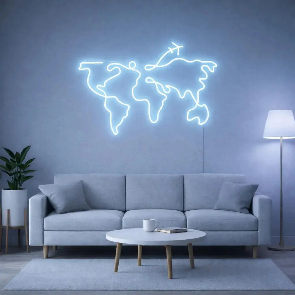 LED NEON WORLD MAP SIGN | MINIMALIST TRAVEL WALL DECOR Nightglow Studio