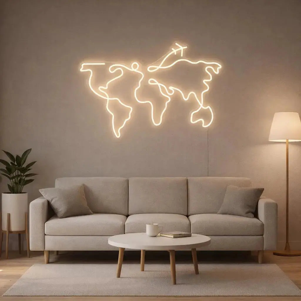 LED NEON WORLD MAP SIGN | MINIMALIST TRAVEL WALL DECOR Nightglow Studio