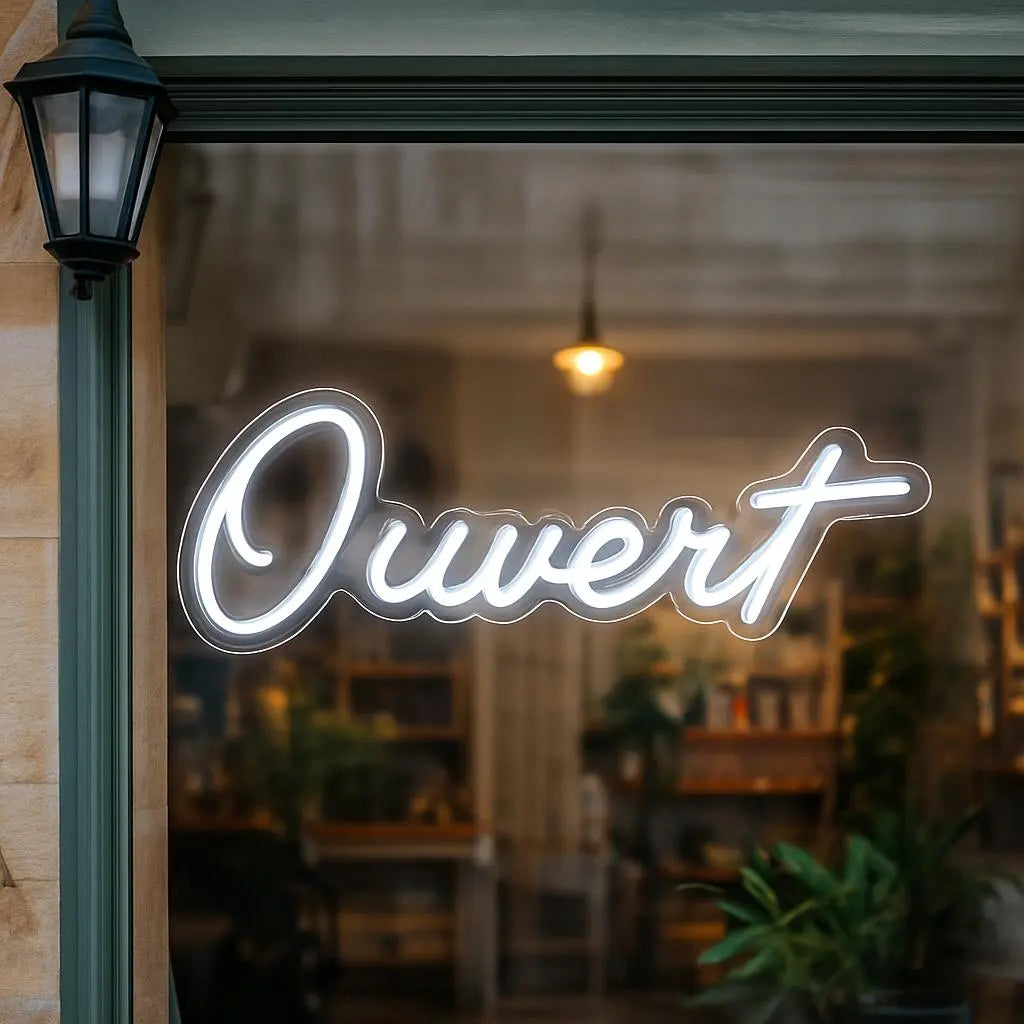 Cursive Storefront Sign CURSIVE OUVERT SIGN — LED NEON SIGN – Nightglow Studio