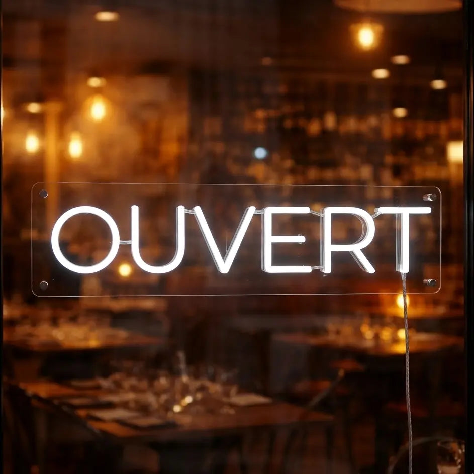 ouvert open neon sign french for business storefront